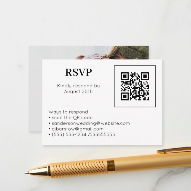 Wedding RSVP Online QR Code Photo White Enclosure Card (Front/Back In Situ)