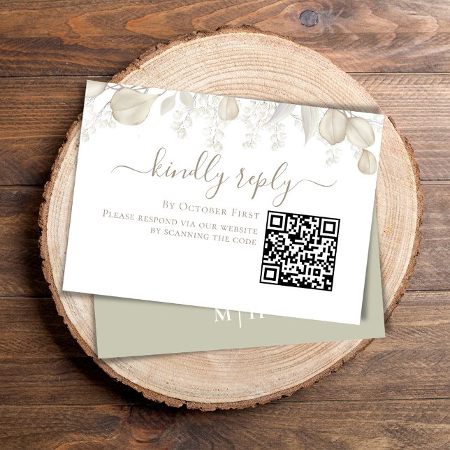 Wedding RSVP Online QR Code Sage Greenery (Simple Wedding reply card with a sage green background and QR code template.)