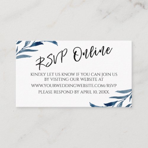 Wedding RSVP Online Typography Blue Painted Leaves Enclosure Card