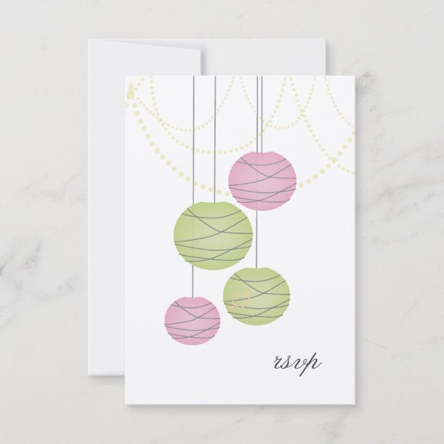 Wedding RSVP Pink Green Paper Lanterns Cards (Front)
