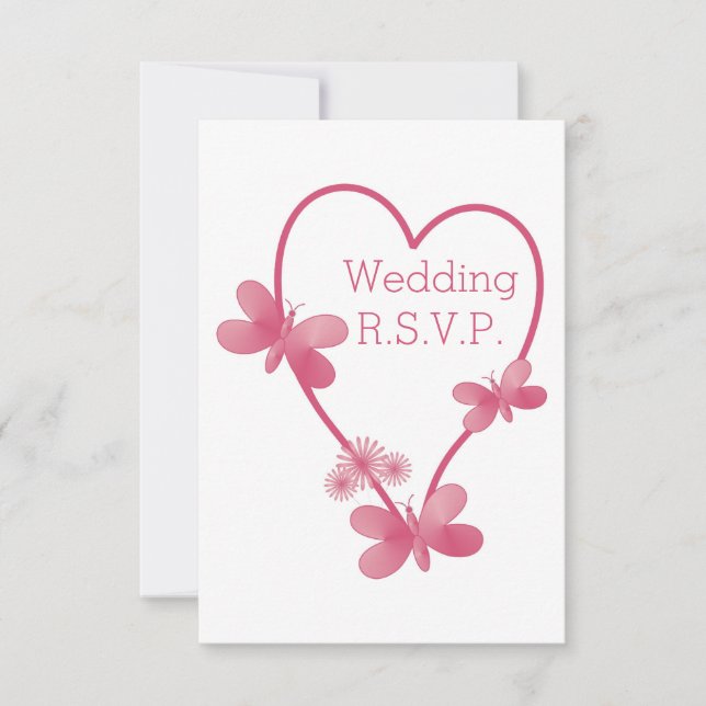 Wedding RSVP Pink Heart And Butterflies Card (Front)