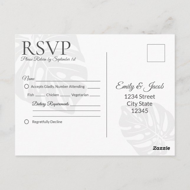 Wedding RSVP Postcard, Palm Leaf Tropical Beach Postcard (Back)