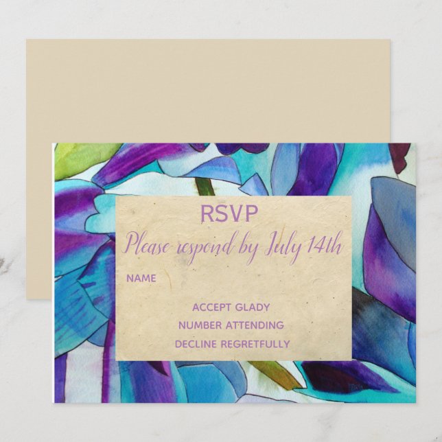 Wedding RSVP Purple blue orchids flower art rustic Invitation (Front/Back)