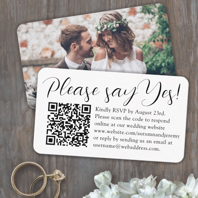 Wedding RSVP QR Code & Photo Script Please Say Yes Enclosure Card (Creator Uploaded)