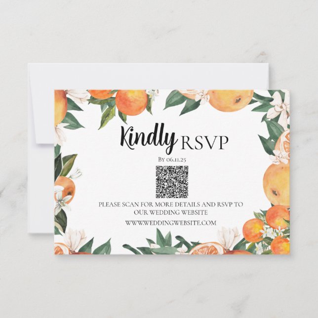 Wedding RSVP | QR Code Romantic Oranges RSVP Card (Front)