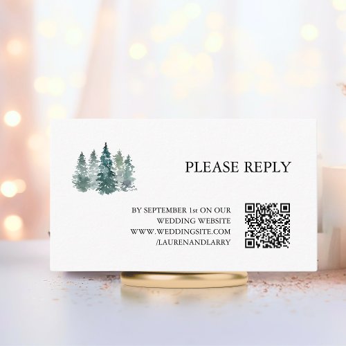 Wedding RSVP QR code Rustic Green Pine Trees Enclosure Card