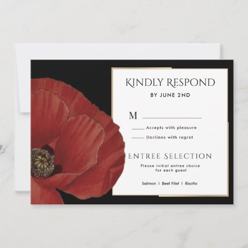 Wedding RSVP Red Poppy with Menu Options on Black Invitation