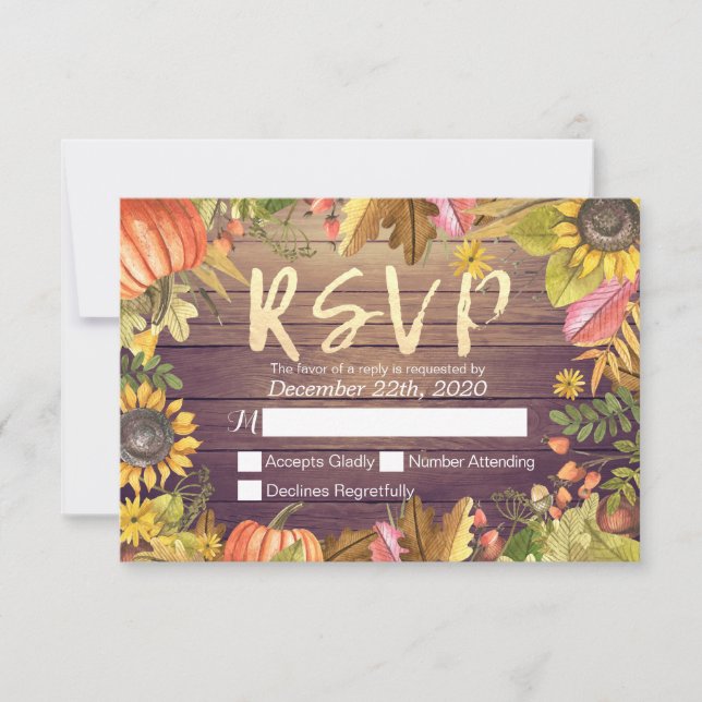 Wedding RSVP Reply Autumn Maple Leaf Pumpkins Wood (Front)