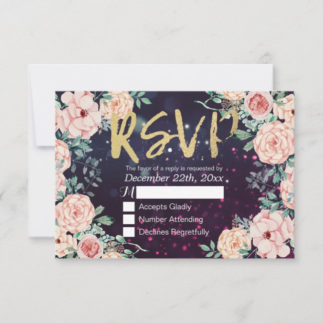 Wedding RSVP Reply Chic Floral Purple Gold Script Card (Front)
