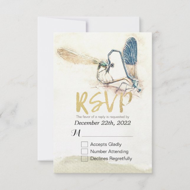 Wedding RSVP Reply Dragonfly Mating Love Heart (Front)