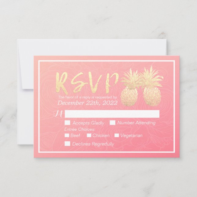 Wedding RSVP Reply Gold Pineapple Couple Pink Rose (Front)