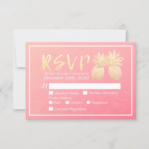 Wedding RSVP Reply Gold Pineapple Couple Pink Rose