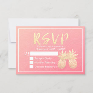 Wedding RSVP Reply Gold Pineapple Couple Pink Rose Card