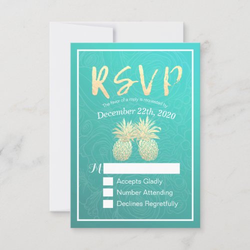 Wedding RSVP Reply Gold Pineapple Couple Teal Rose