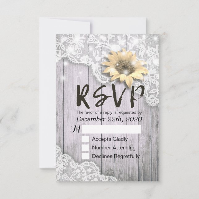 Wedding RSVP Reply Lace Sunflower Barn Wood Lights (Front)