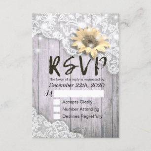 Wedding RSVP Reply Lace Sunflower Barn Wood Lights Card