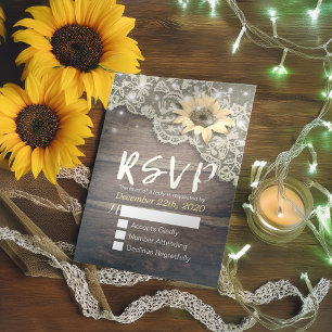Wedding RSVP Reply Lace Sunflower Barn Wood Lights Card