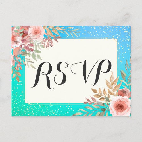 Wedding RSVP Reply Pink Floral Teal Gold Confetti Invitation Postcard