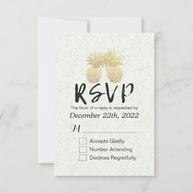 Wedding RSVP Reply Vintage Gold Pineapple Couple (Front)