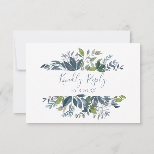 Wedding RSVP Response Card Greenery - Dusty Blue (Front)