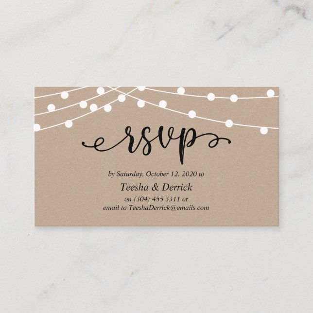 Wedding RSVP, Rustic Kraft String Lights Enclosure Card (Front)