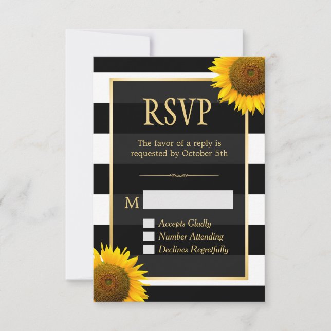 Wedding RSVP Rustic Sunflower Black White Striped Card (Front)