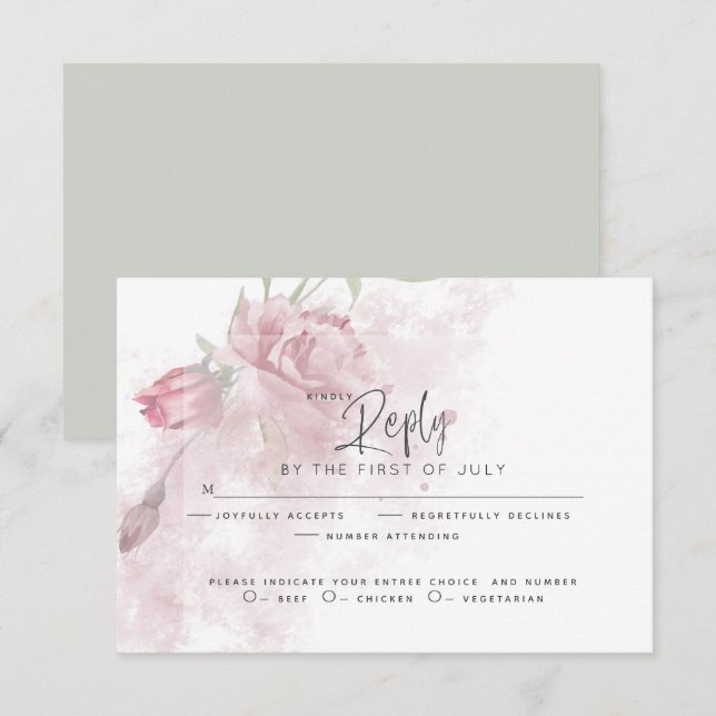 Wedding RSVP | Rustic Watercolor Dusty Pink Rose Card (Front/Back)