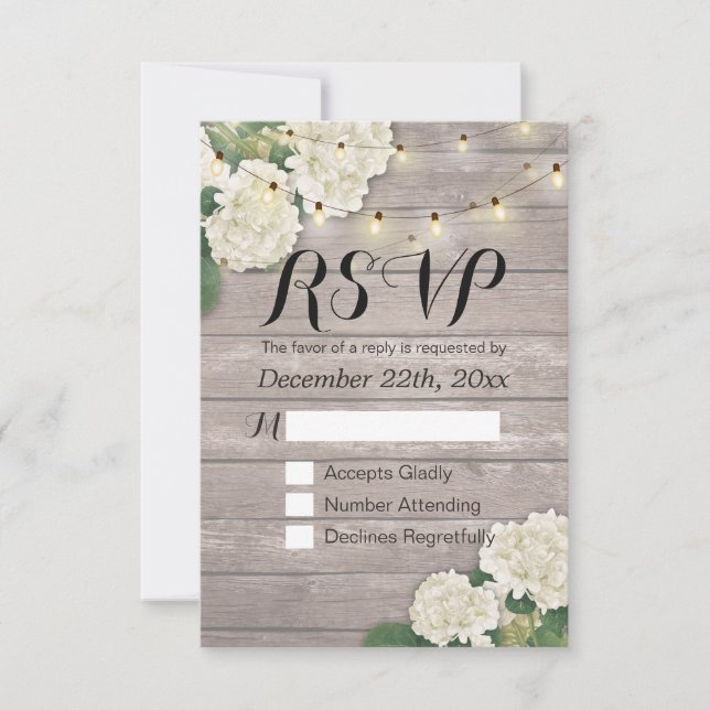 Wedding RSVP Rustic Wood Hydrangea String Lights (Front)