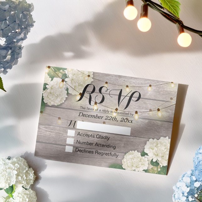 Wedding RSVP Rustic Wood Hydrangea String Lights Card (Creator Uploaded)