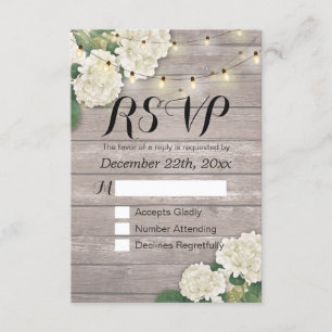 Wedding RSVP Rustic Wood Hydrangea String Lights Card