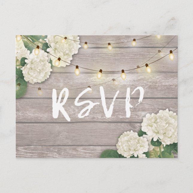 Wedding RSVP Rustic Wood Hydrangea String Lights Invitation Postcard (Front)