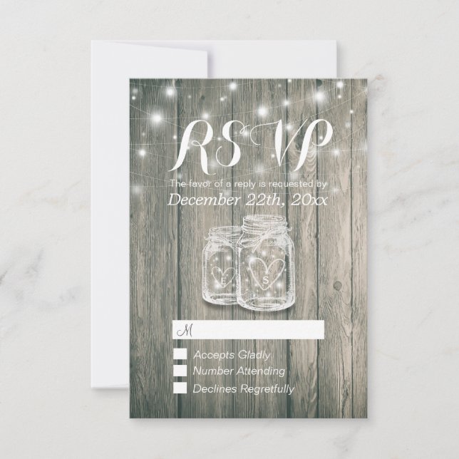 Wedding RSVP Rustic Wood & Mason Jar String Lights (Front)