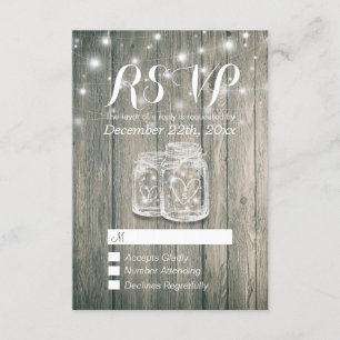 Wedding RSVP Rustic Wood & Mason Jar String Lights Card