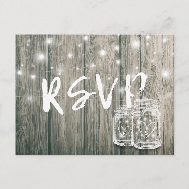 Wedding RSVP Rustic Wood & Mason Jar String Lights Invitation Postcard (Front)