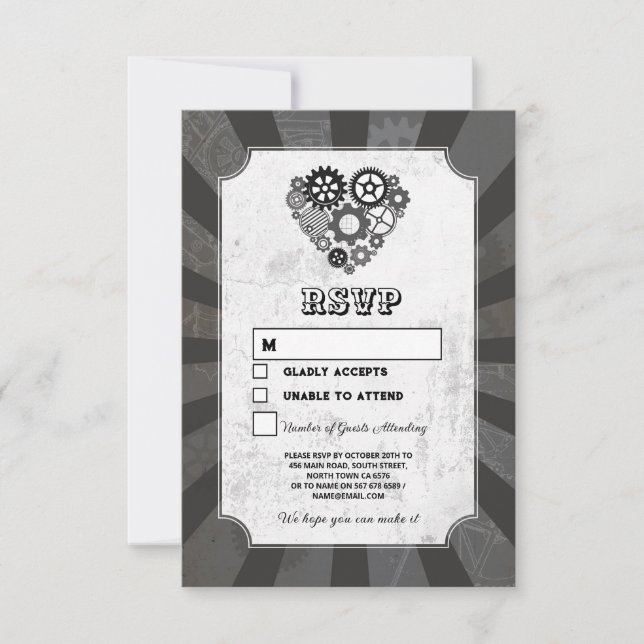 Wedding RSVP Steampunk Wedding Hearts Cogs Retro Invitation (Front)