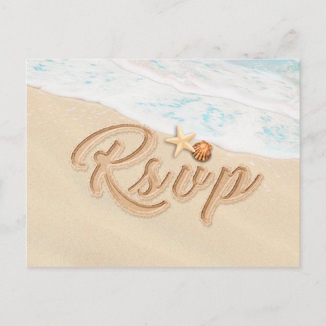 Wedding RSVP Summer Sandy Beach Starfish Seashell Invitation Postcard (Front)
