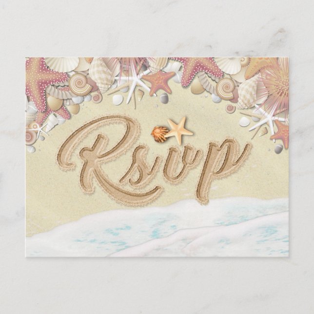 Wedding RSVP Summer Sandy Beach Starfish Seashell Invitation Postcard (Front)