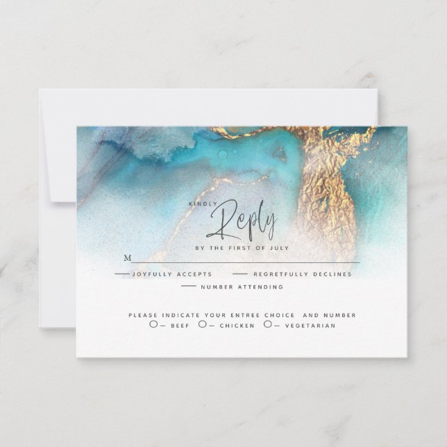 Wedding RSVP | Teal and Gold Abstract  Ink Card (Front)