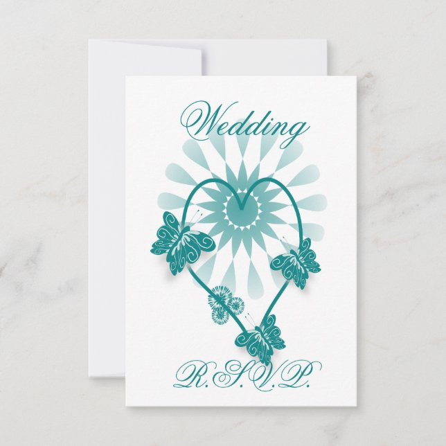 Wedding RSVP Teal Coloured Butterflies Heart Card (Front)