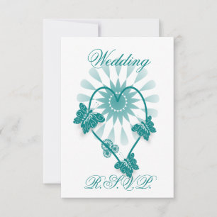 Wedding RSVP Teal Coloured Butterflies Heart Card