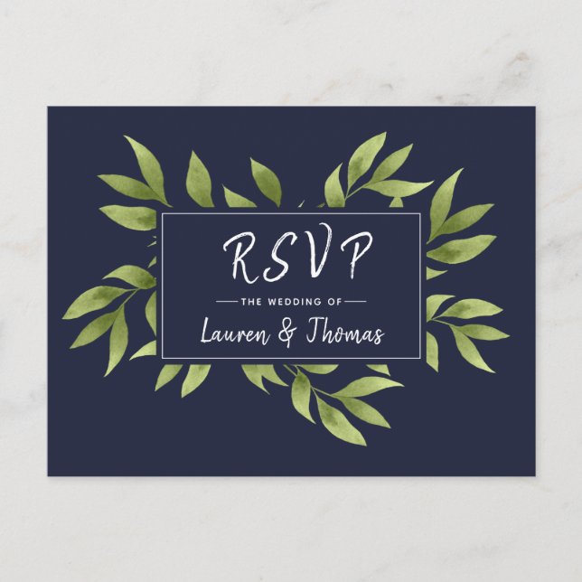 Wedding RSVP Watercolor Willow Wreath Navy Blue Invitation Postcard (Front)