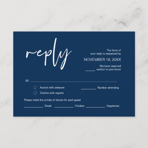 Wedding RSVP with meal options Navy Blue font En Enclosure Card