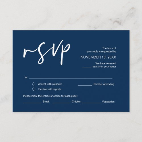 Wedding RSVP with meal options Navy Blue font En Enclosure Card