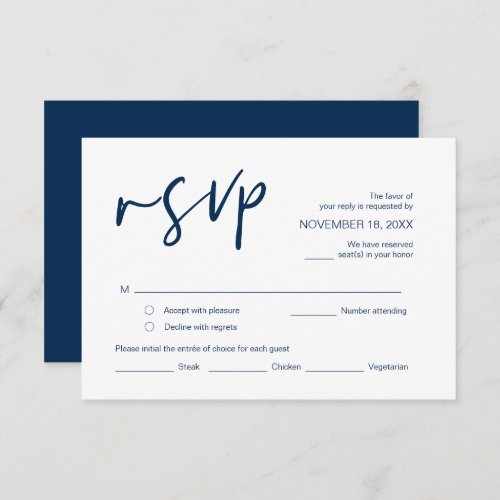 Wedding RSVP with meal options Navy Blue font Enclosure Card