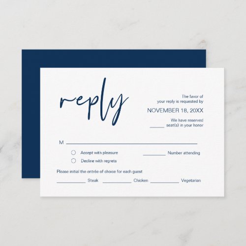 Wedding RSVP with meal options Navy Blue font Enclosure Card