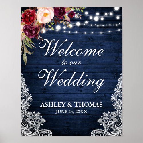 Wedding Rustic Blue Wood Lights Lace Burgundy Poster