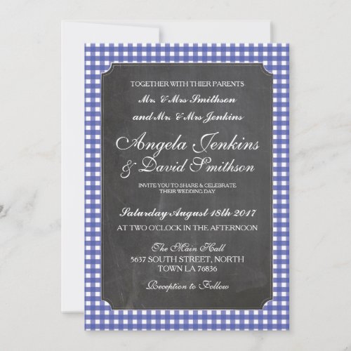 Wedding Rustic Chalk Blue Check Invitation