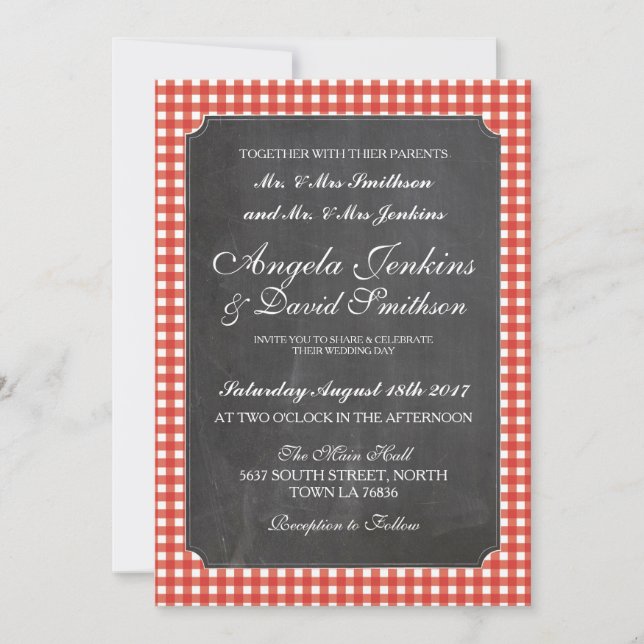 Wedding Rustic Chalk Red Check Invitation (Front)