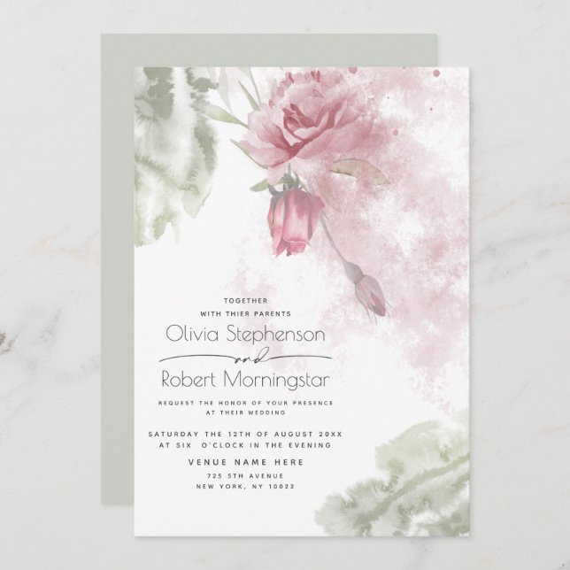 Wedding | Rustic Dusty Pink Roses Invitation (Front/Back)