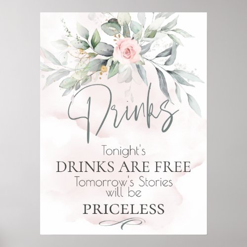 Wedding  Rustic Foliage Pink Floral Bar Sign